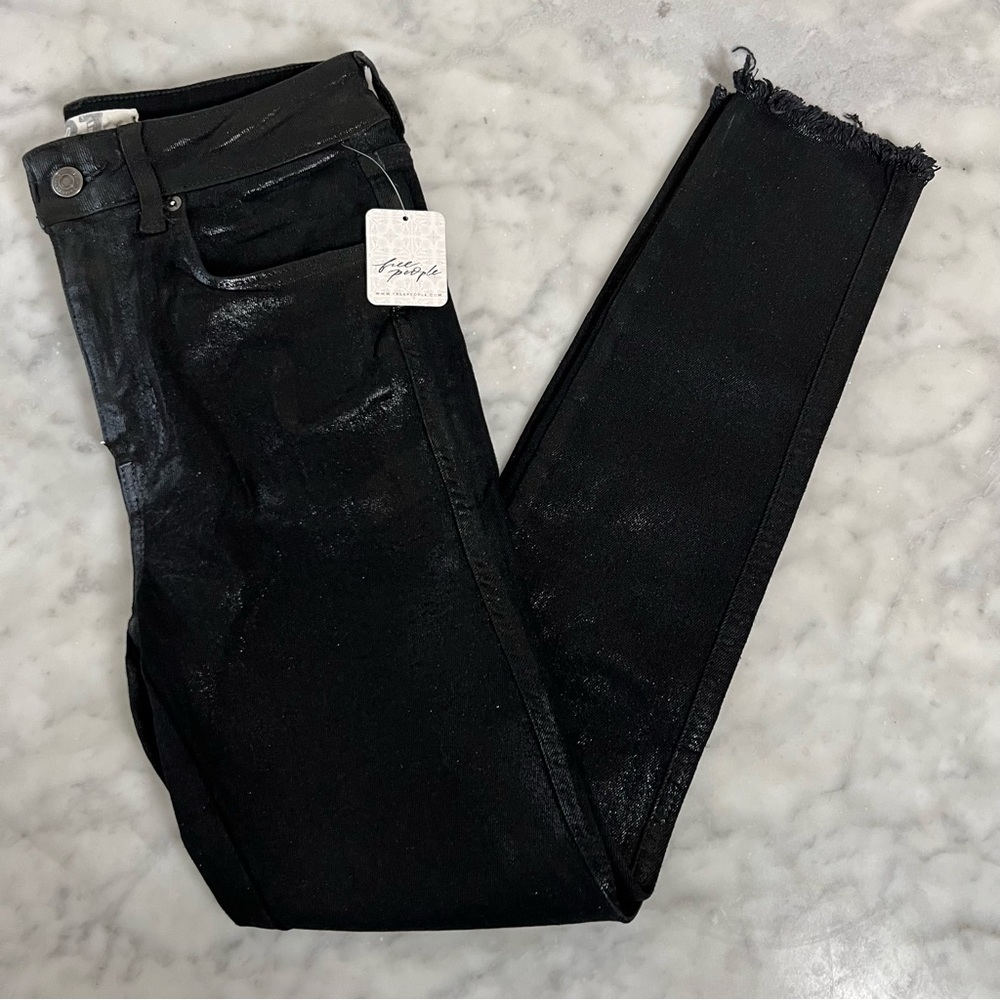 Free People Raw High Rise Coated Jeans in Coated Black